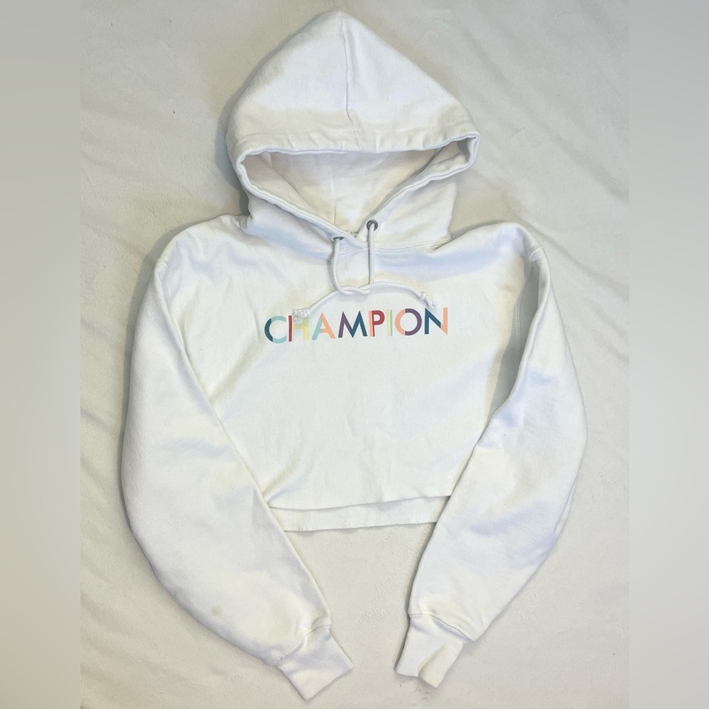 Champion White Reverse Weave Cropped Hoodie Sweatshirt Multicolor Logo
